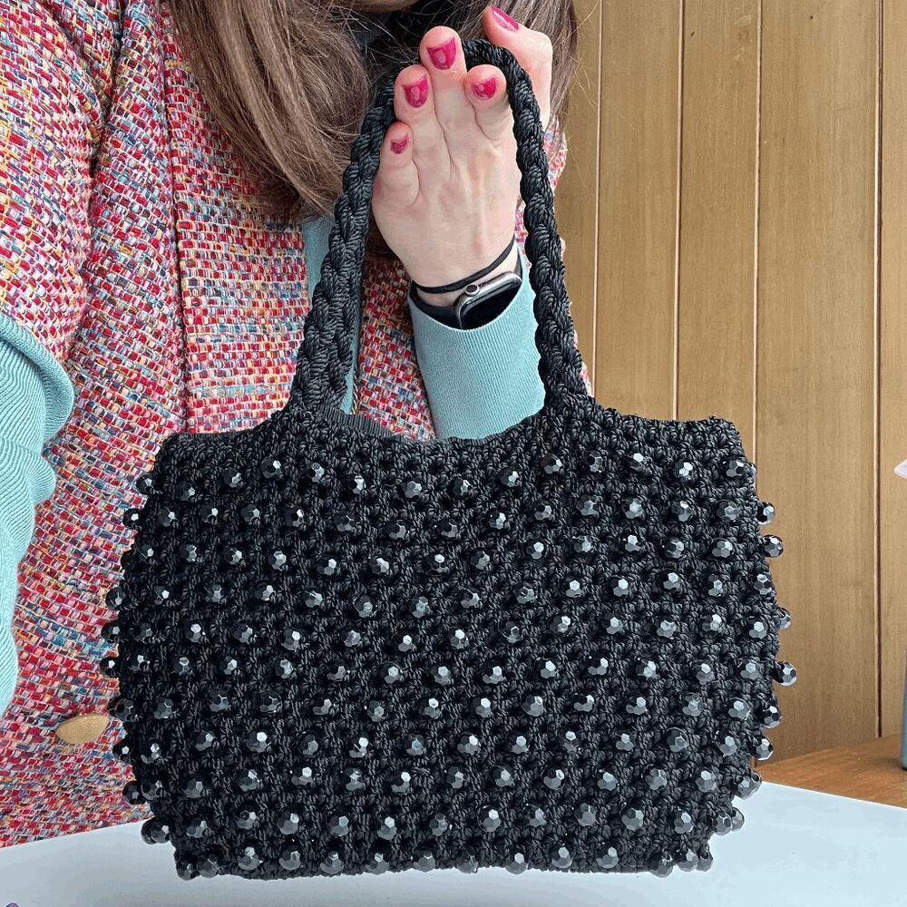 1950s Vintage Italian Black Beaded Crochet Handbag Ritten Exclusive